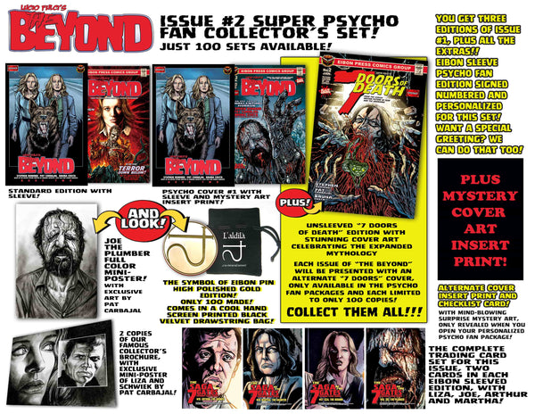 The Beyond Issue #2 Psycho Fan Set! 3 Comics With 2 Variant Covers! Plus GOLD Symbol Of Eibon Enamel Pin in custom velvet bag, 4 trading cards and MUCH MORE - Only 100 Copies!